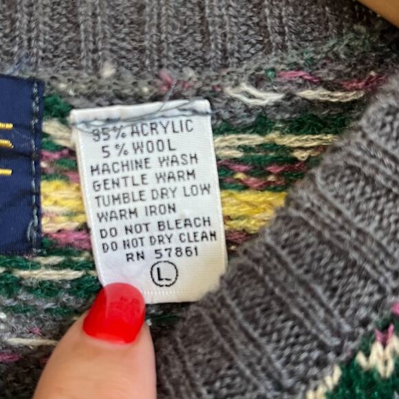 Vintage Grand Isle Nordic Womens Cardigan Sweater Size L Gray Fair Isle Cabin - Picture 7 of 7